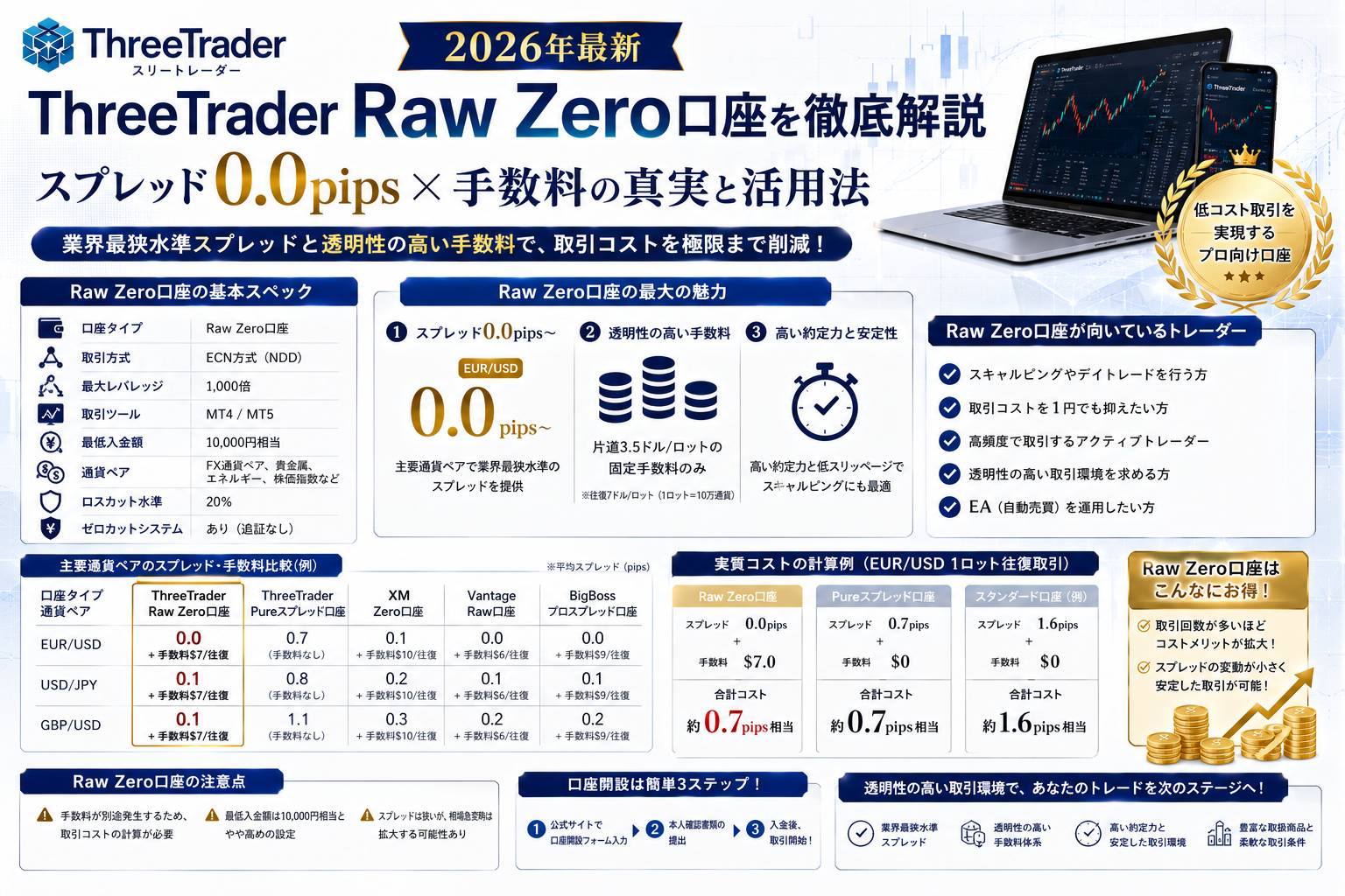 ThreeTrader Raw Zero口座を徹底解説|スプレッド0.0pips×手数料【2026年最新】