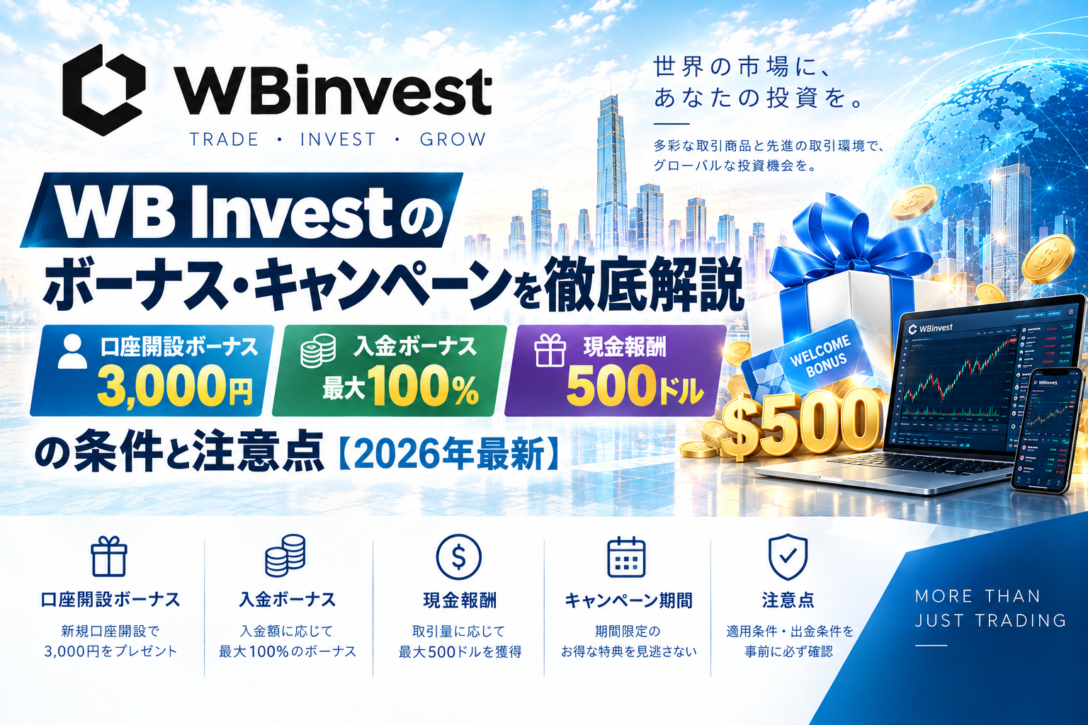 WB Investのボーナス・キャンペーンを徹底解説｜口座開設3,000円/入金ボーナス/現金報酬500ドルの条件【2026年最新】