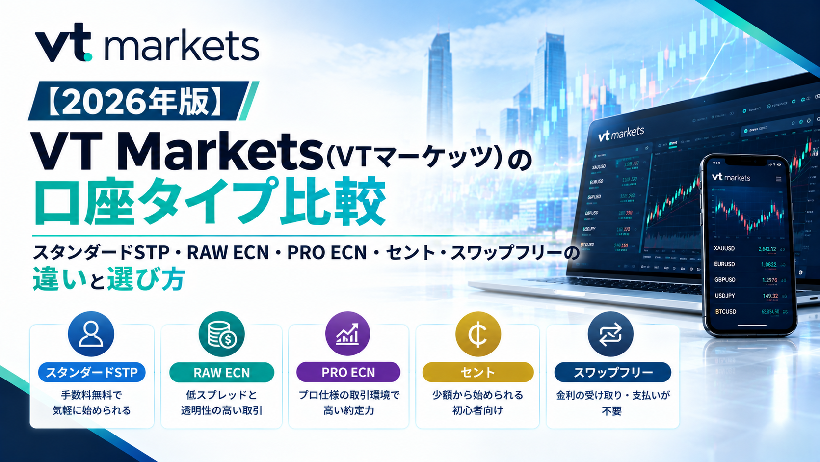 【2026年版】VT Markets（VTマーケッツ）の口座タイプ比較｜スタンダードSTP・RAW ECN・PRO ECN・セント・スワップフリーの違いと選び方