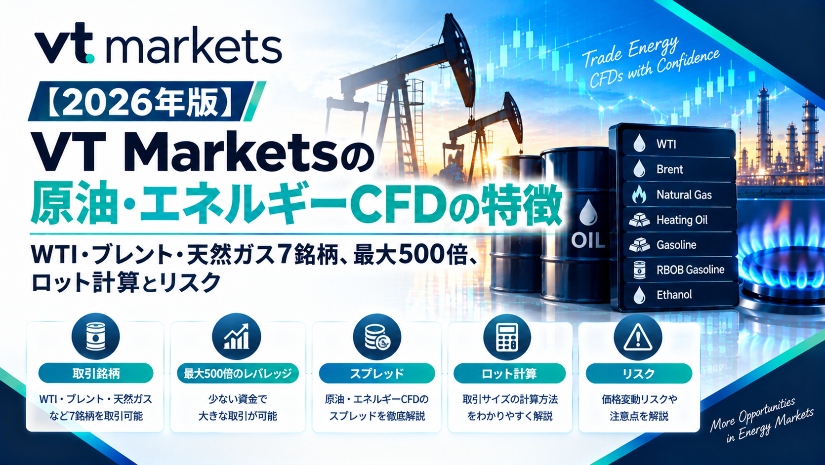 【2026年版】VT Marketsの原油・エネルギーCFDの特徴｜WTI・ブレント・天然ガス7銘柄、最大500倍、ロット計算とリスク
